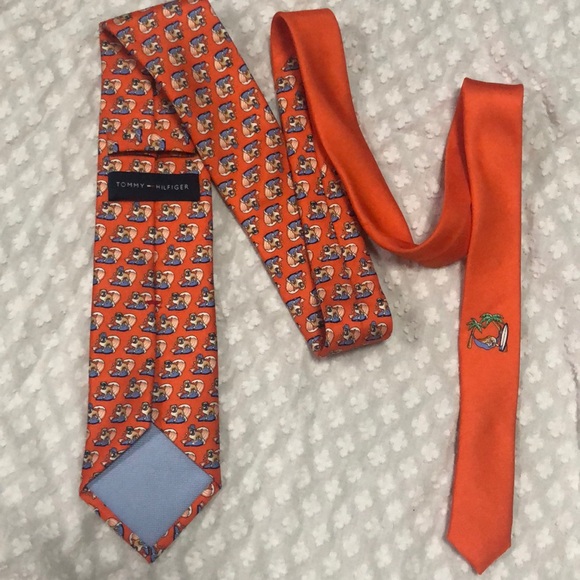 Tommy Hilfiger Orange Silk Tie Surfing Bulldogs - Picture 8 of 12